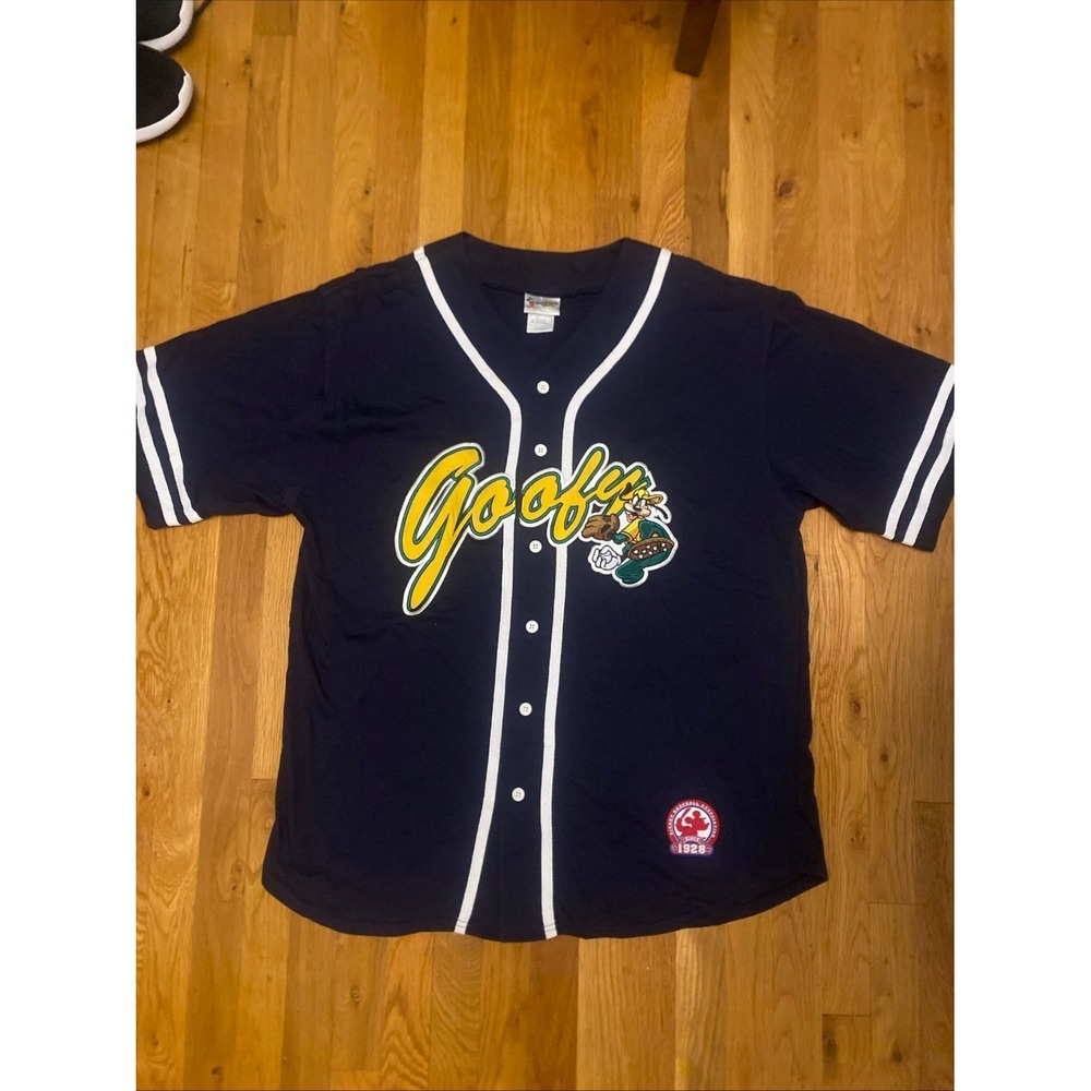 Walt Disney World Goofy Baseball Jersey Mens XL Navy Embroidered Button Front